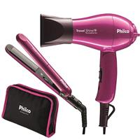 Imagem da promoção Kit Prancha + Secador Philco Travel Shine Rosa Bivolt.