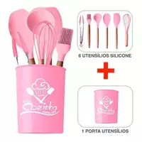 Imagem da promoção Kit Utensílios Cozinha Silicone Cabo Madeira 7 Peças - Rosa - utl