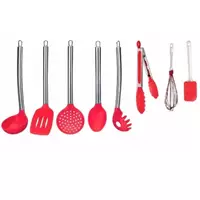 Imagem da promoção Kit 8 Colheres Utensílios Silicone Vermelho Cabo Inox - clink