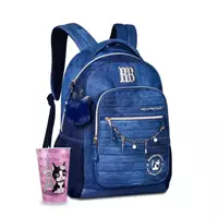 Imagem da promoção Mochila RB Oficial Feminina Jeans Universitaria Juvenil Adolescente com Pompom e Copo Clio - Rebecca