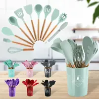 Jogo de Cozinha Kit C/12 Peças de Silicone, Utensílios e Copo Suporte para Cozinha Cabo de Madeira C em oferta na Shopee