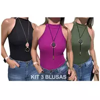 Imagem da promoção Kit 3 Blusa Feminina Básica Blusinha Gola Alta Com Bojo Cores Variadas Ajustável ao Corpo Premium -