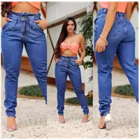 Imagem da promoção Calça Jeans Feminina Mon Cintura Alta Azul Escuro Detalhe Passante Largo Tecido Premium - Paradise