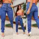Calça Jeans Feminina Mon Cintura Alta Azul Escuro Detalhe Passante Largo Tecido Premium - Paradise em oferta