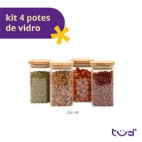 Imagem da promoção Kit 4 potes de vidro 250ml tampa de bambu herméticos quadrados - Tüd - TUD