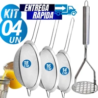 Imagem da promoção Kit 04 Peneira Coador Manual Em Aço Inox 3 Tamanhos 14cm 16cm 18 + 1 amassador de batata alta Qualid
