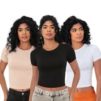 Imagem da promoção KIT 3: Baby Tee Feminina - Blusa Slim Fit Manga Curta - Blusa de Compressao