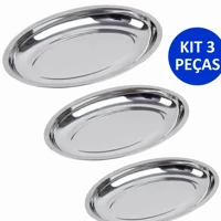 Imagem da promoção Kit 3 Travessa Oval Bandeja Rasa Inox 21 à 30 Cm Porção Bar Cozinha - Art House