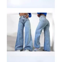 Imagem da promoção Calça Jeans Feminina Wide Leg Marmorizada Cintura Alta Sem Lycra