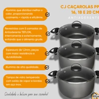 Imagem da promoção Kit Jogo 3 Peças Panelas Caçarolas 16 18 e 20 cm Antiaderente Teflon com Tampa de Vidro Cor Grafite