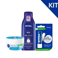 Imagem da promoção KIT NIVEA Loção Milk 400ml + Creme Facial Nutritivo 100g + Hidratante Labial Original 4,8g