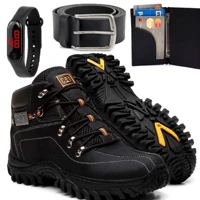 Imagem da promoção Kit Bota Coturno Masculina De Couro Confort Antiderrapante + Relogio Cinto E Carteira