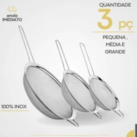 Imagem da promoção Kit 03 Peneira Coador Manual Em Aço Inox 3 Tamanhos P - M - G