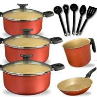 Imagem da promoção Jogo Panelas Fervedor Frigideira 10 peças Antiaderente Teflon Tampa de Vidro Utensílios Cereja Gold