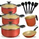 Jogo Panelas Fervedor Frigideira 10 peças Antiaderente Teflon Tampa de Vidro Utensílios Cereja Gold em oferta