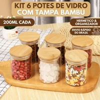 Imagem da promoção Kit 6 Potes de Vidro 200ml com Tampa Bambu Hermética - Porta Mantimentos Pequeno para Especiarias e