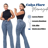 Imagem da promoção Calça Jeans Feminina Flare Marmorizada Cos Alto Modelagem Levanta Bumbum Com Lycra