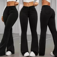 Imagem da promoção calça flare feminina jeans com elastano levanta bumbum cintura alta cor preta