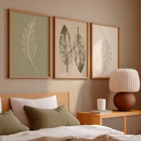 Imagem da promoção Kit 3 Quadros Decorativo Folha Verde Desenho Minimalista Neutro Natural Simples Com Moldura