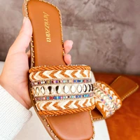 Imagem da promoção Rasteirinha Estilo Boho Chic Exclusiva Feminina Tecido Artesanal Sandália Marrocos Indiana Bico Quad