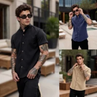 Imagem da promoção Camisa Social Masculina Gola Padre Linho Manga Curta Luxo