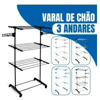 Imagem da promoção Varal De Chão Varal De Roupas 3 Andares Dobrável Grande C/ 4 Rodas Cor Preto/pretoVaral De Chão Vara