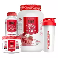 Imagem da promoção Kit PureTech Whey 2W 900g + BCAA 2400 129 caps+ Pré Treino 100g + Coqueteleira