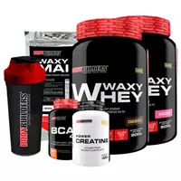 Imagem da promoção KIT 2x Whey Protein Waxy Whey 900g + Bcaa + Creatina + Waxy Maize + Coqueteleira Bodybuilders