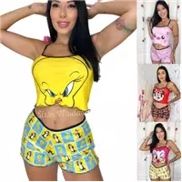 Imagem da promoção Pijama Feminino Virginia Cropped Ondinha, Baby Doll Malha em Vários Personagens - Strin Modas