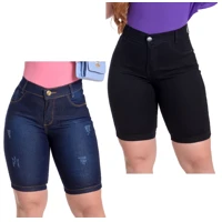 Imagem da promoção Kit 02 Shorts Cós Alto Veste Bem Jeans Femininos Até no Joelho Levanta Bumbum Elastano