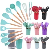 Imagem da promoção Jogo De Cozinha Kit C/12 Peças De Premium Silicone Utensílios E Copo Suporte Para Cabo De Madeira