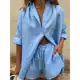 Casual Cotton Linho Conjuntos De Cor Sólida Camisa De Manga Curta Perna Larga Conjunto De Duas Peças em oferta