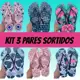 kit 3 pares estampas sortidas chinelo feminino em oferta