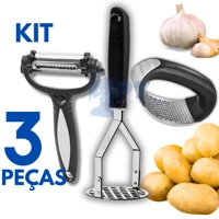 Imagem da promoção Kit Descascador de Legumes 3 em 1 Triturador Espremedor de Alho Amassador de Batata Aço Inox com Cab