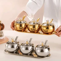 Imagem da promoção Kit 3 potes Açúcar condimentos com bandeija, aço inox 304 esférico cozinha luxuoso moderno