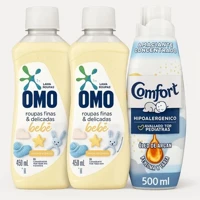 Imagem da promoção Kit 3 Unidades OMO Bebê 450ml 2un + Comfort Puro Cuidado 1uni 500ml — Hipoalergênico, Delicado e Apr