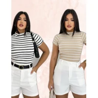 Imagem da promoção Kit 2 Blusas Ribana Premium Casual Moderna Gringa Basico Canelado Manguinha