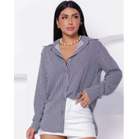 Camisa Social Feminina Clássica Listrada C/ Botões em oferta