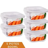 Imagem da promoção 5 Pote 800ml Vidro Marmita Fitness Tampa 4 Trava Hermético