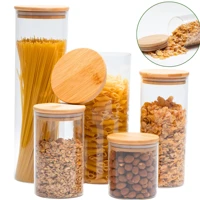 Imagem da promoção 05 Potes de Vidro Hermético Transparente Tampa Bambu Porta Alimentos