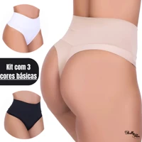 Imagem da promoção Kit 3 Calcinhas Modeladoras Cintura Alta Cós Duplo Fio Duplo Lisas Lingerie Segura Barriga Power Fit