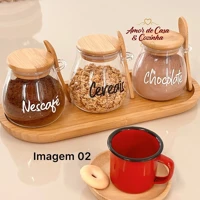 Imagem da promoção KIT 3 POTES 400ML COM TAMPA COLHER E BANDEJA DE BAMBU STYLE PERSONALIZADO