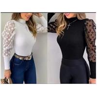 Imagem da promoção Blusa feminina malha canelada gola alta manga longa tule bufante - MODA FILO