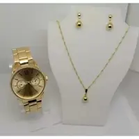 Kit Relogio Dourado + Colar + Brinco Presente Mulher Namorada Mãe - Kit Dourado em oferta na Magazine Luiza