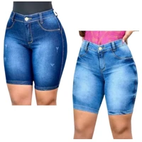 Imagem da promoção Kit 2 Shorts Jeans Meia Coxa Cintura Alta Até o Umbigo Levanta Bumbum Lycra