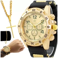 Imagem da promoção Relógio Masculino Dourado Original QUEBEC + Corrente e Pulseira Top