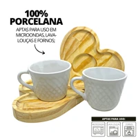 Imagem da promoção Kit Xicaras Café Porcelana Branca Chicara Cafe E Pires Coração Mesa Posta Caneca