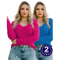 Imagem da promoção Kit 2 Blusa Feminina Tricot Decote V com Trança