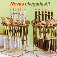 Imagem da promoção (Sem Suporte)Kit 24 talheres de aço inoxidável de luxo Conjunto de talheres, garfo e colher de padrã