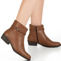 Imagem da promoção Bota GiGiL Cano Curto Zíper Salto Baixo Bico Redondo Casual Tira Metal Confortável Elegante Clássico